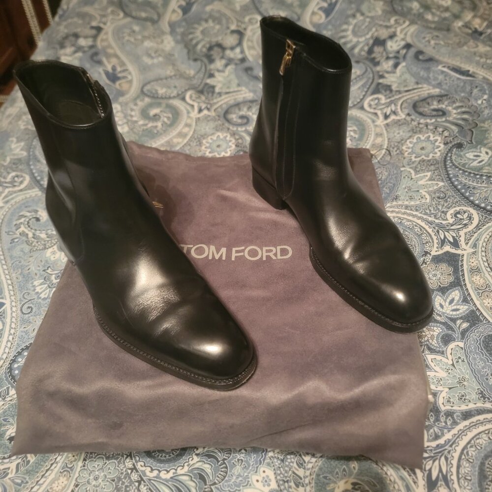 Tom Ford Boots Mens Size 8 Burnished Black Calf Leather Elkan Brass Zipper